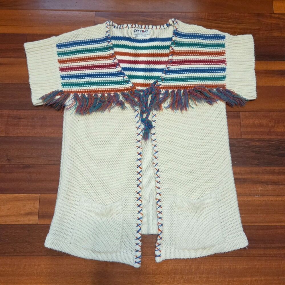 Vintage 1970s Pernrose Knit Sweater Vest Cardigan Rainbow Fringe Trim